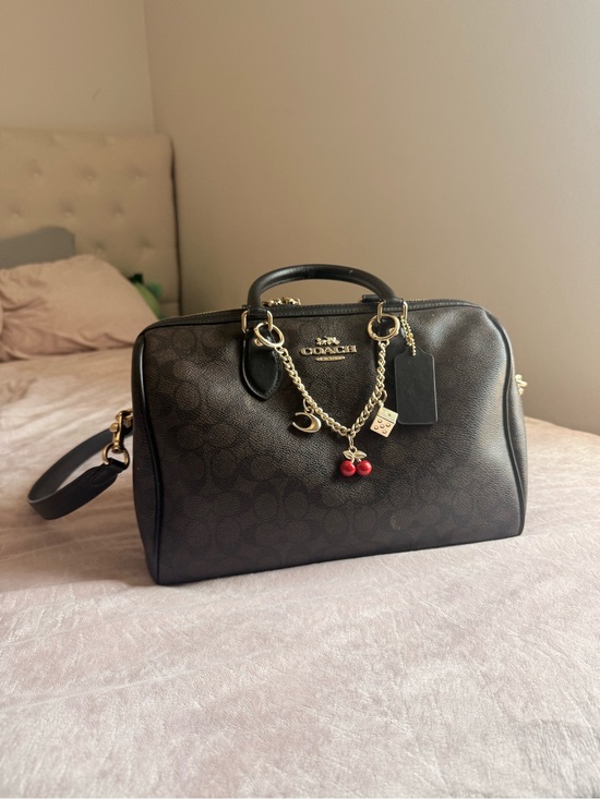 Coach Handbags - Coach Black Signature Satchel with Gold Hardware and Cherry Charm